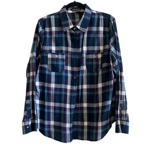 Sandra Ingrish 100% Cotton Women's Blue and Purple Plaid Button Down Shirt  XL